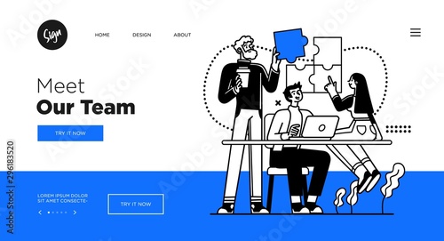 Presentation slide template or landing page website design. Business concept illustrations. Modern flat outline style. Teamwork concept
