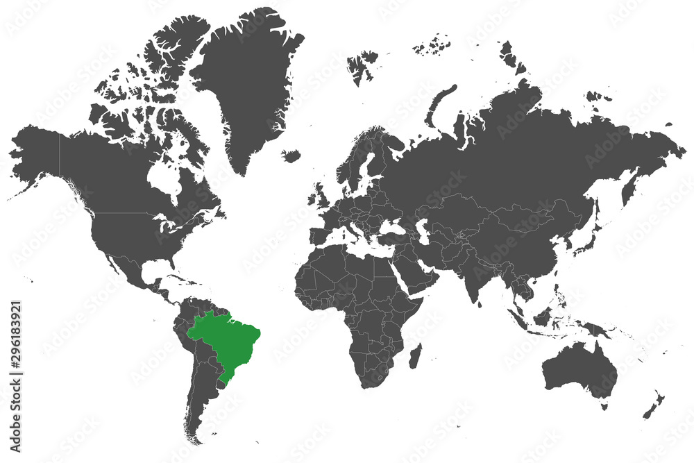 Fototapeta premium Brazil country marked green on world map vector