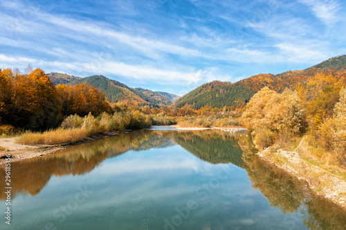 Autumn panorama of mountain river, autumn in Carpathians, yellow mountains, Carpathians, Ukraine