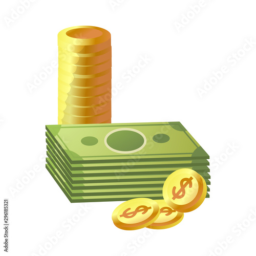 Stack of cash money and heap of coins vector illustration