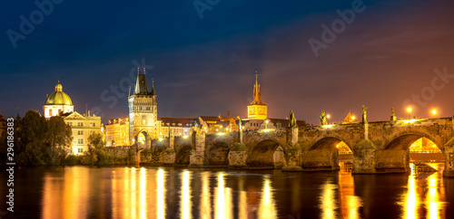 Panoramic View of Illuminated Charles Bridge, Old Gothic Tourist Site in Prague - Capital of Czech Republic