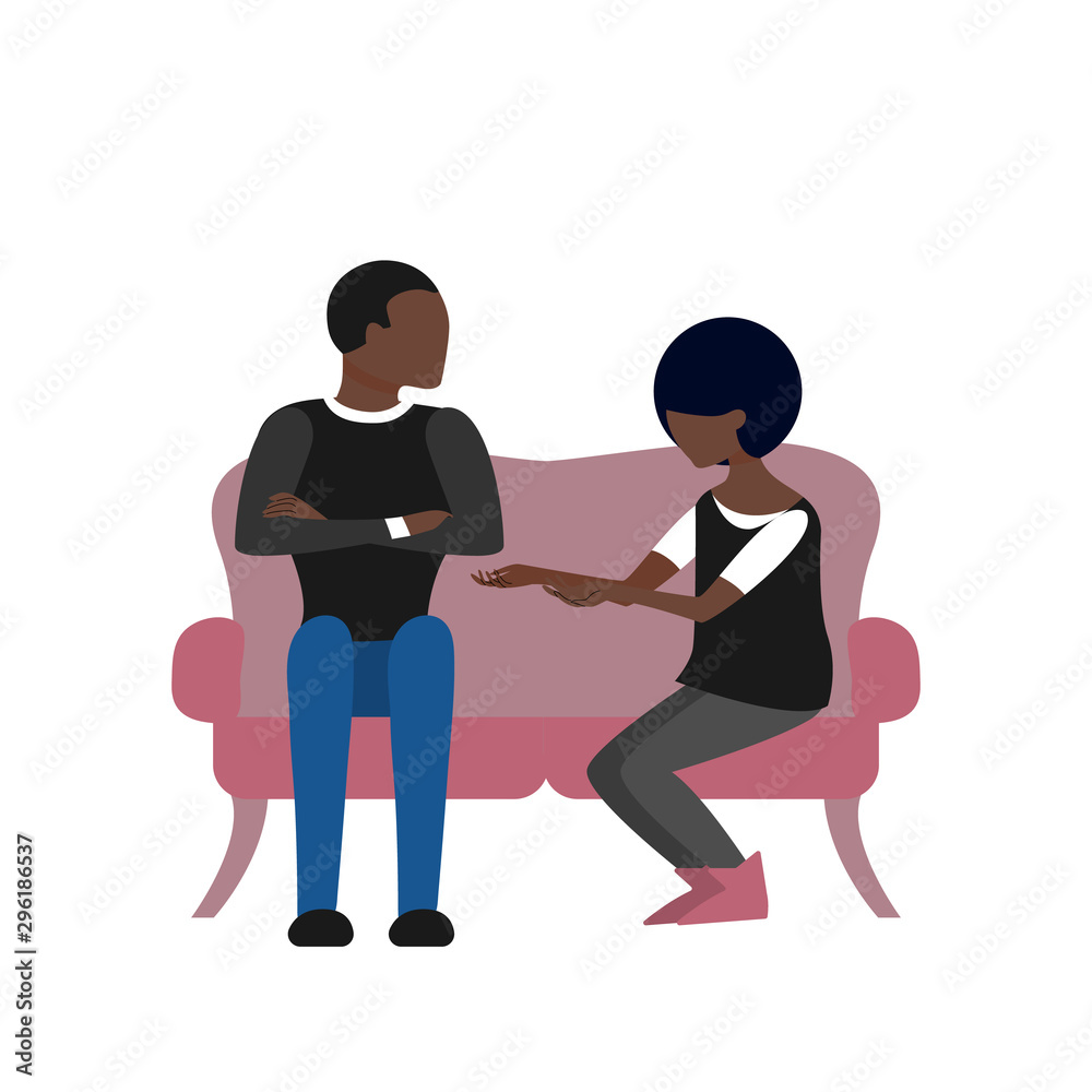 Fototapeta premium Black couple of man and woman are talking sitting on sofa. Flat style stock vector illustration.