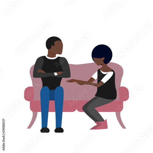 Black couple of man and woman are talking sitting on sofa. Flat style stock vector illustration.