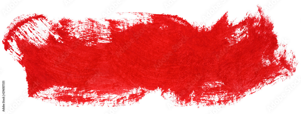 Red stroke of gouache paint brush isolated on white background