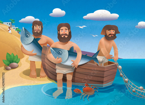 Bilde på lerret Fishermen, students, apostles Peter Andrew and Jesus