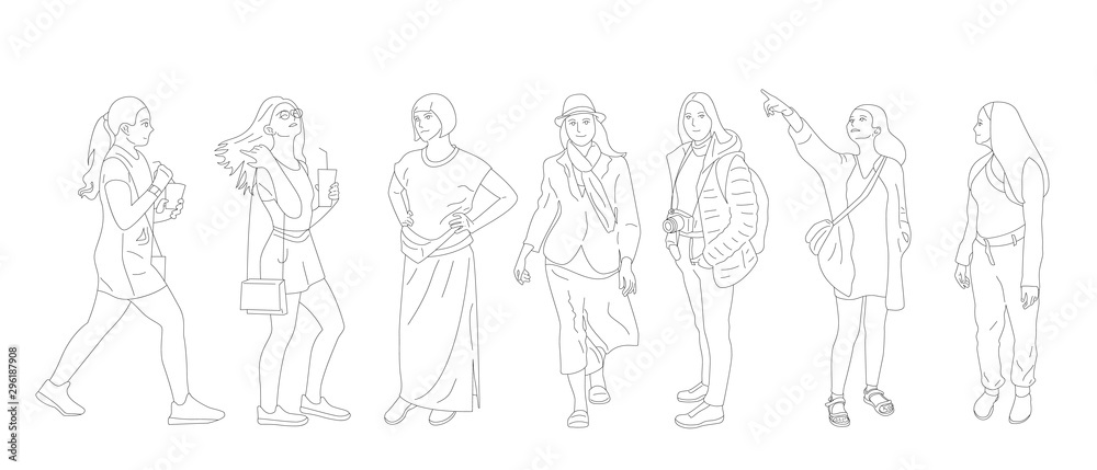Set of different people characters in casual outfit. Crowd of girls in different poses, walking, standing outdoors. Isolated on white. Flat style monochrome cartoon stock vector illustration..