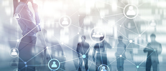 HR - Human resources management and recruitment concept. Double exposure people network structure