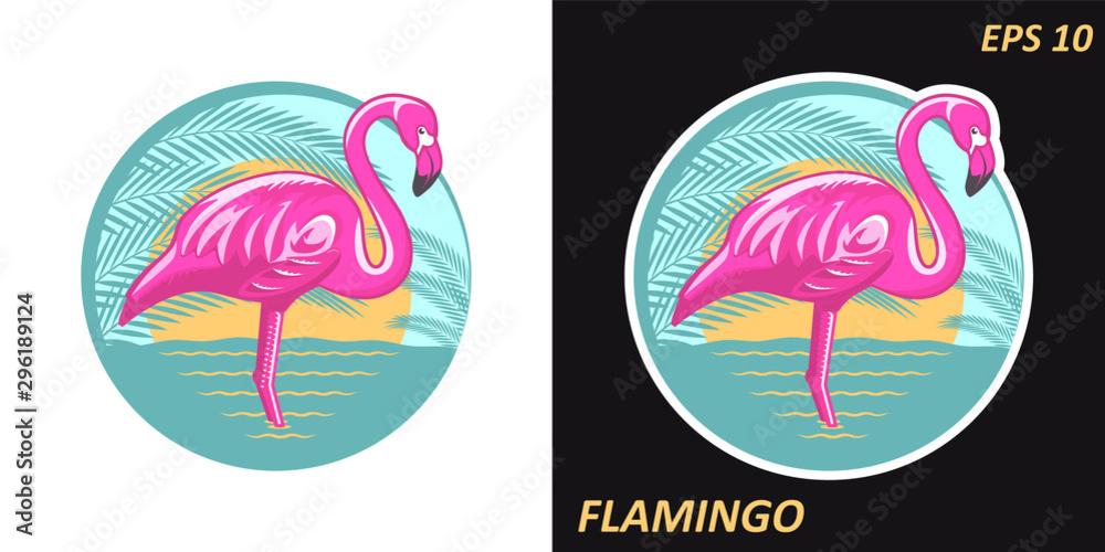 Vector illustration of a Flamingo bird standing in the water against the background of the jungle and the setting sun.