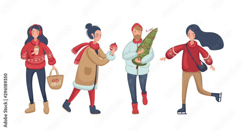 Merry Christmas. Happy peoples, print design. Set of funny peoples. Happy New Year Vector illustration EPS 10