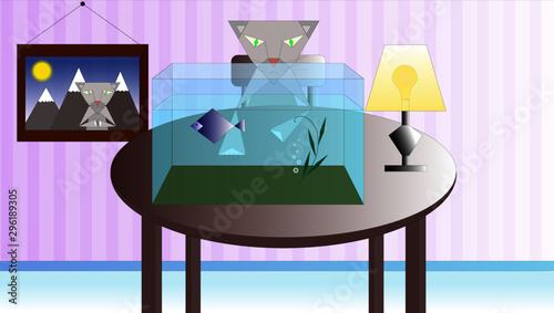 Hinterhältige Katze am Aquarium (Vektor)