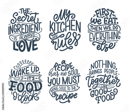 Set with vector quotes in hand drawn unique typography style, elements for greeting cards, decoration, prints and posters. Handwritten lettering about food and cooking.
