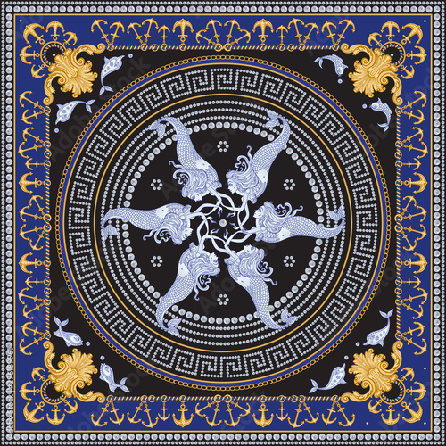 Vector shawl print on a dark blue and black background. Fashionable gold chains, anchors pattern, Baroque scroll, blue mermaid, dolphin, fish and pearls.Scarf, bandana, neckerchief, silk patch, carpet