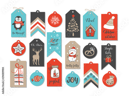 Abstract printable golden, red and black tags collection for Christmas, New Year. Advent calendar. Vector illustration. Merry Holidays