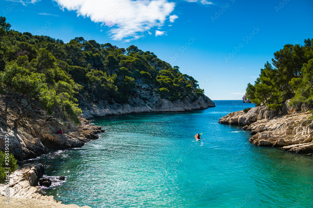 Colorful kayaks in the famous French fjords,Calanques national park