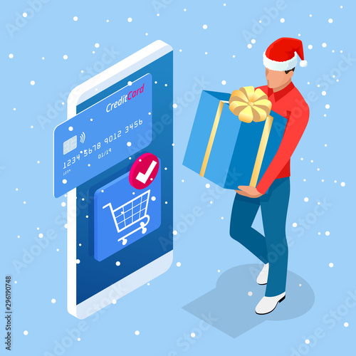 Isometric Christmas online shopping and winter sale web banner concept. Delivery man with winter gift box. Merry Christmas and Happy Holidays.