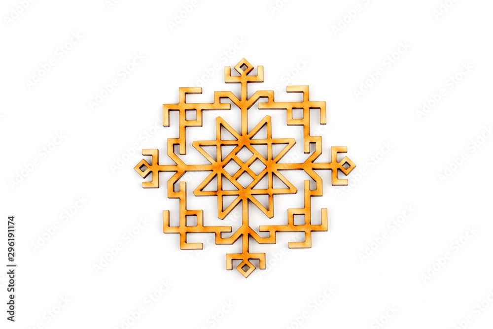  New Year, Winter, Christmas greeting card. Decor made from natural wood. Closeup. Isolated on white background. Place for text, copy space. Top view. Wooden decoration - snowflake/ star. 