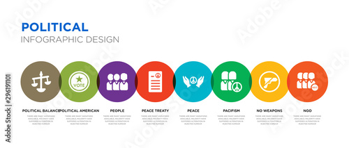8 colorful political vector icons set such as ngo, no weapons, pacifism, peace, peace treaty, people, political american elections publicity badge, political balance