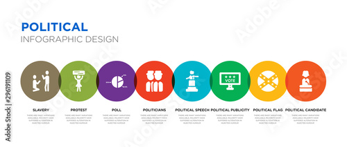 8 colorful political vector icons set such as political candidate speech, political flag, publicity on monitor screen, speech, politicians, poll, protest, slavery
