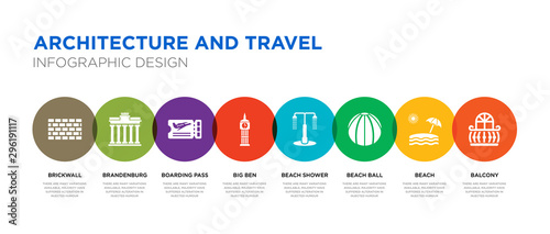 8 colorful architecture and travel vector icons set such as balcony, beach, beach ball, beach shower, big ben, boarding pass, brandenburg, brickwall