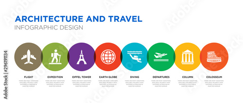 8 colorful architecture and travel vector icons set such as colosseum, column, departures, diving, earth globe, eiffel tower, expedition, flight