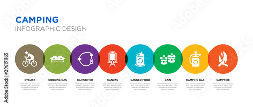 8 colorful camping vector icons set such as campfire, camping gas, can, canned food, canvas, carabiner, cooking gas, cyclist