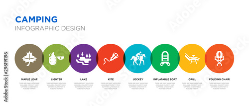 8 colorful camping vector icons set such as folding chair, grill, inflatable boat, jockey, kite, lake, lighter, maple leaf