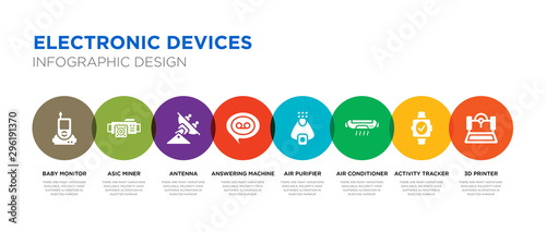 8 colorful electronic devices vector icons set such as 3d printer, activity tracker, air conditioner, air purifier, answering machine, antenna, asic miner, baby monitor