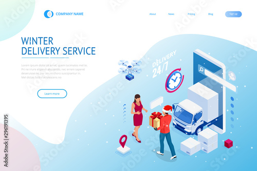 Isometric Christmas online shopping and winter sale web banner concept. Delivery man with winter gift box. Merry Christmas and Happy Holidays.