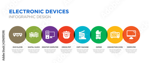 8 colorful electronic devices vector icons set such as computer, convection oven, copier, copy machine, crock-pot, desktop computer, digital clock, dvd player