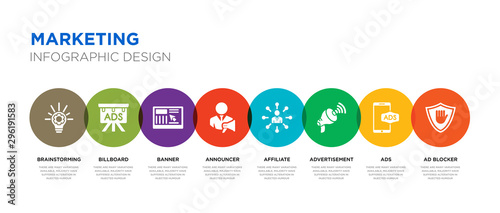 8 colorful marketing vector icons set such as ad blocker, ads, advertisement, affiliate, announcer, banner, billboard, brainstorming