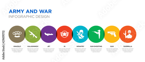 8 colorful army and war vector icons set such as guerrilla, gun, gun shooting, infantry, in, jet, kalashnikov, knuckle