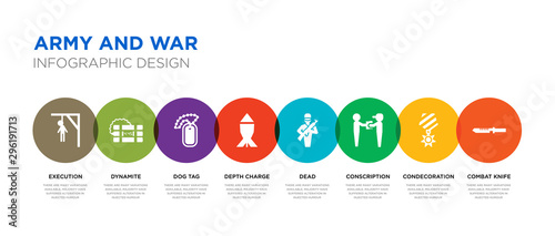8 colorful army and war vector icons set such as combat knife, condecoration, conscription, dead, depth charge, dog tag, dynamite, execution