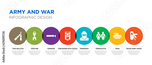 8 colorful army and war vector icons set such as swiss army knife, tank, terracotta, terrorist, time bomb with clock, torpedo, torture, two bullets