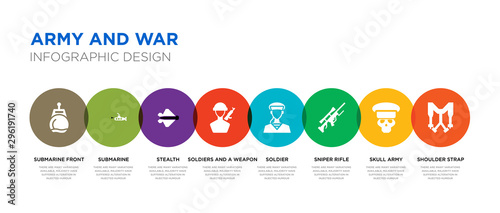 8 colorful army and war vector icons set such as shoulder strap, skull army, sniper rifle, soldier, soldiers and a weapon, stealth, submarine, submarine front view