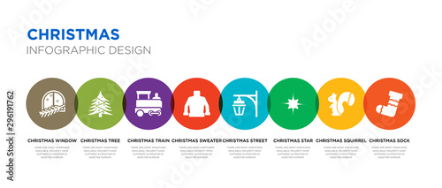 8 colorful christmas vector icons set such as christmas sock, christmas squirrel, star, street light, sweater, train, tree, window
