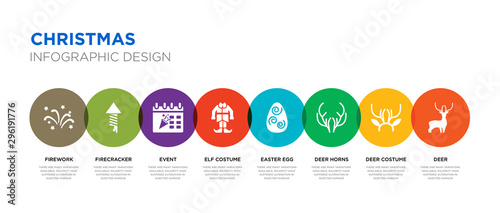 8 colorful christmas vector icons set such as deer, deer costume, deer horns, easter egg, elf costume, event, firecracker, firework