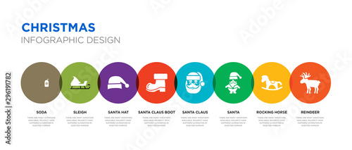 8 colorful christmas vector icons set such as reindeer, rocking horse, santa, santa claus, santa claus boot, hat, sleigh, soda