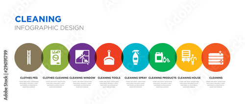 8 colorful cleaning vector icons set such as cleaning, cleaning house, products, spray, tools, window, clothes clothes peg