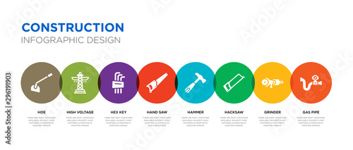 8 colorful construction vector icons set such as gas pipe, grinder, hacksaw, hammer, hand saw, hex key, high voltage, hoe