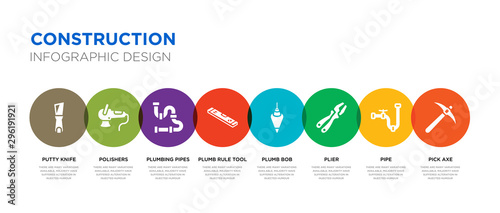 8 colorful construction vector icons set such as pick axe, pipe, plier, plumb bob, plumb rule tool, plumbing pipes, polishers, putty knife