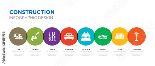8 colorful construction vector icons set such as stopping, tiles, tipper, tool box, toolbox, tools, trowel, vise