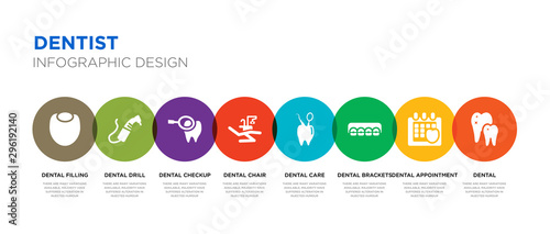 8 colorful dentist vector icons set such as dental, dental appointment, dental brackets, care, chair, checkup, drill, filling