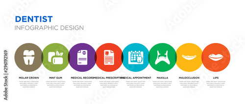 8 colorful dentist vector icons set such as lips, malocclusion, maxilla, medical appointment, medical prescription, medical record, mint gum, molar crown