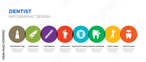 8 colorful dentist vector icons set such as tooth filling, tooth pliers, tooth whitening, with metallic root, toothache, toothbrush, toothpaste, toothpaste tube