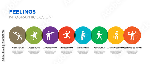 8 colorful feelings vector icons set such as accomplished human, aggravated human, alive human, alone amazed amazing amused angry