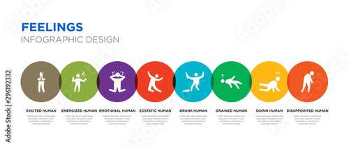 8 colorful feelings vector icons set such as disappointed human, down human, drained human, drunk ecstatic emotional energized excited