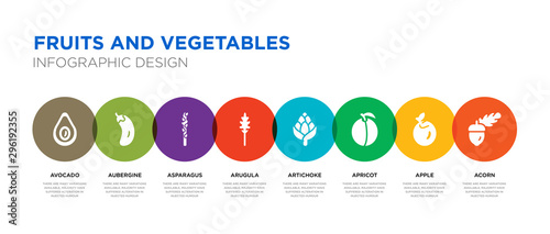 8 colorful fruits and vegetables vector icons set such as acorn, apple, apricot, artichoke, arugula, asparagus, aubergine, avocado