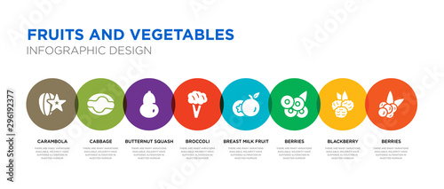 8 colorful fruits and vegetables vector icons set such as berries, blackberry, berries, breast milk fruit, broccoli, butternut squash, cabbage, carambola