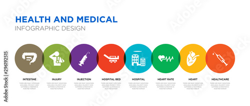 8 colorful health and medical vector icons set such as healthcare, heart, heart rate, hospital, hospital bed, injection, injury, intestine