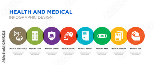 8 colorful health and medical vector icons set such as medical file, medical history, mask, report, result, shield, strip, substance